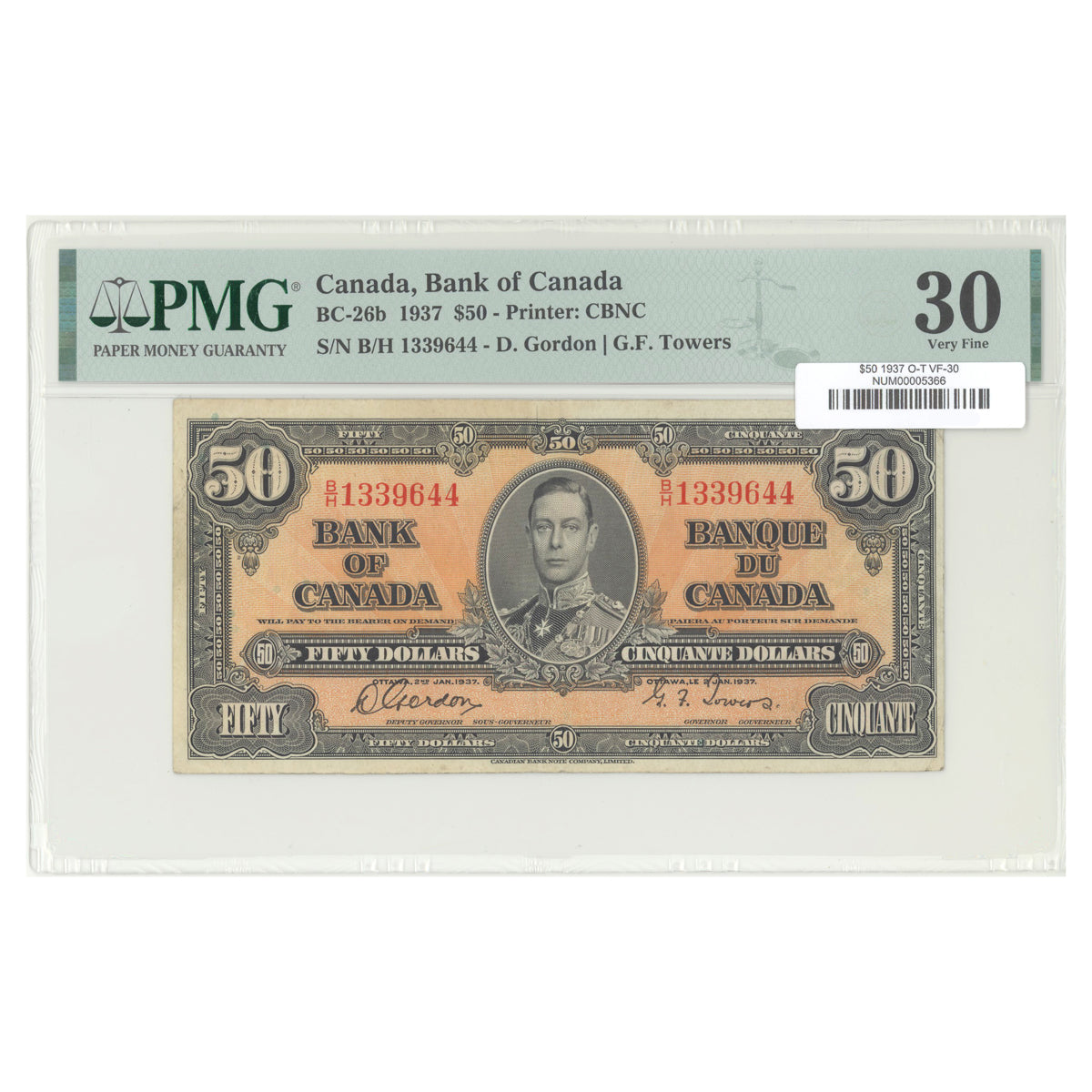 $50 1937 BC-26b The Bank of Canada Osborne-Towers Prefix B/H PMG VF-30