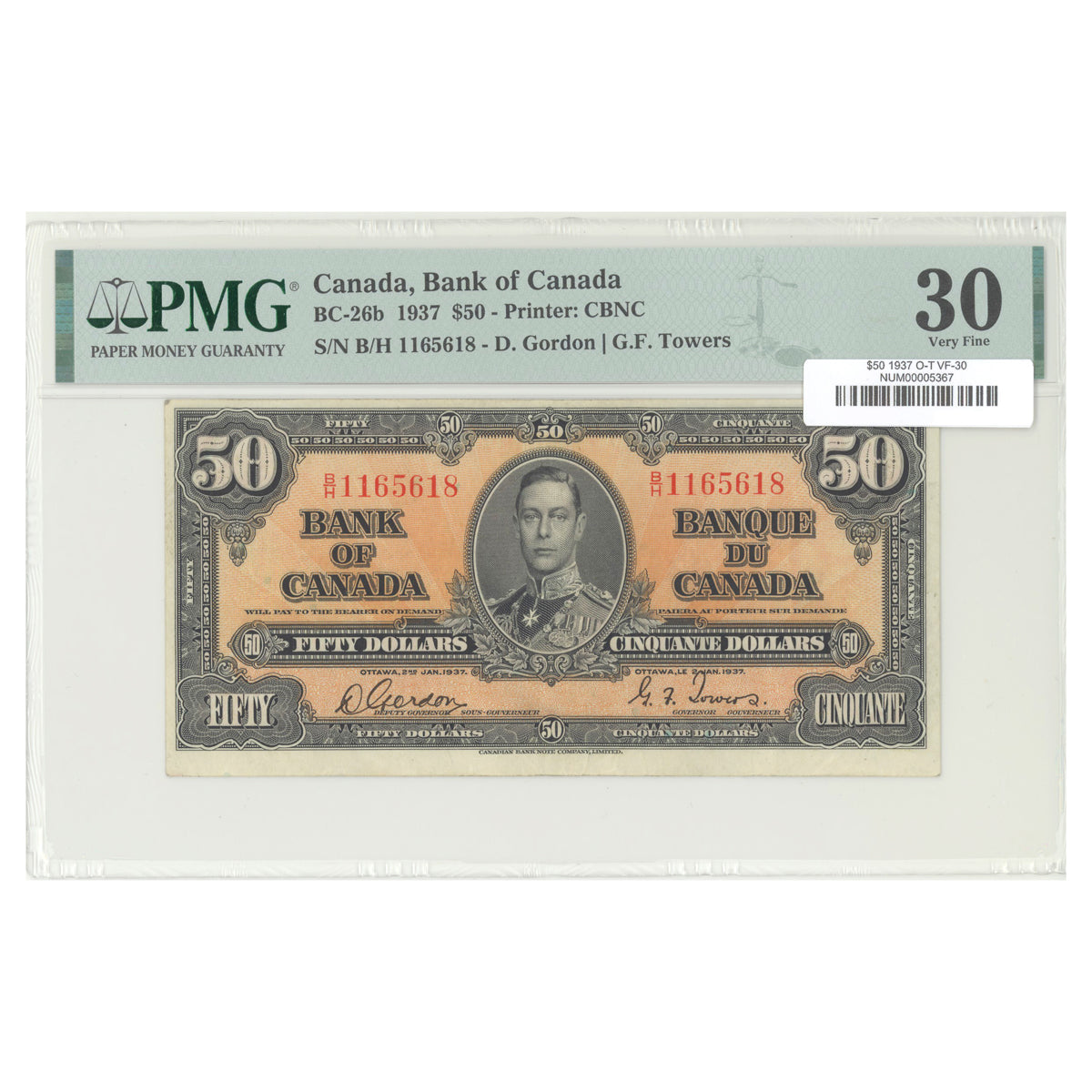 $50 1937 BC-26b The Bank of Canada Osborne-Towers Prefix B/H PMG VF-30