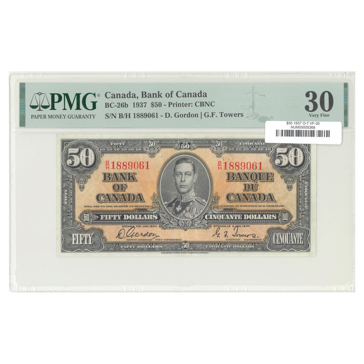 $50 1937 BC-26b The Bank of Canada Osborne-Towers Prefix B/H PMG VF-30