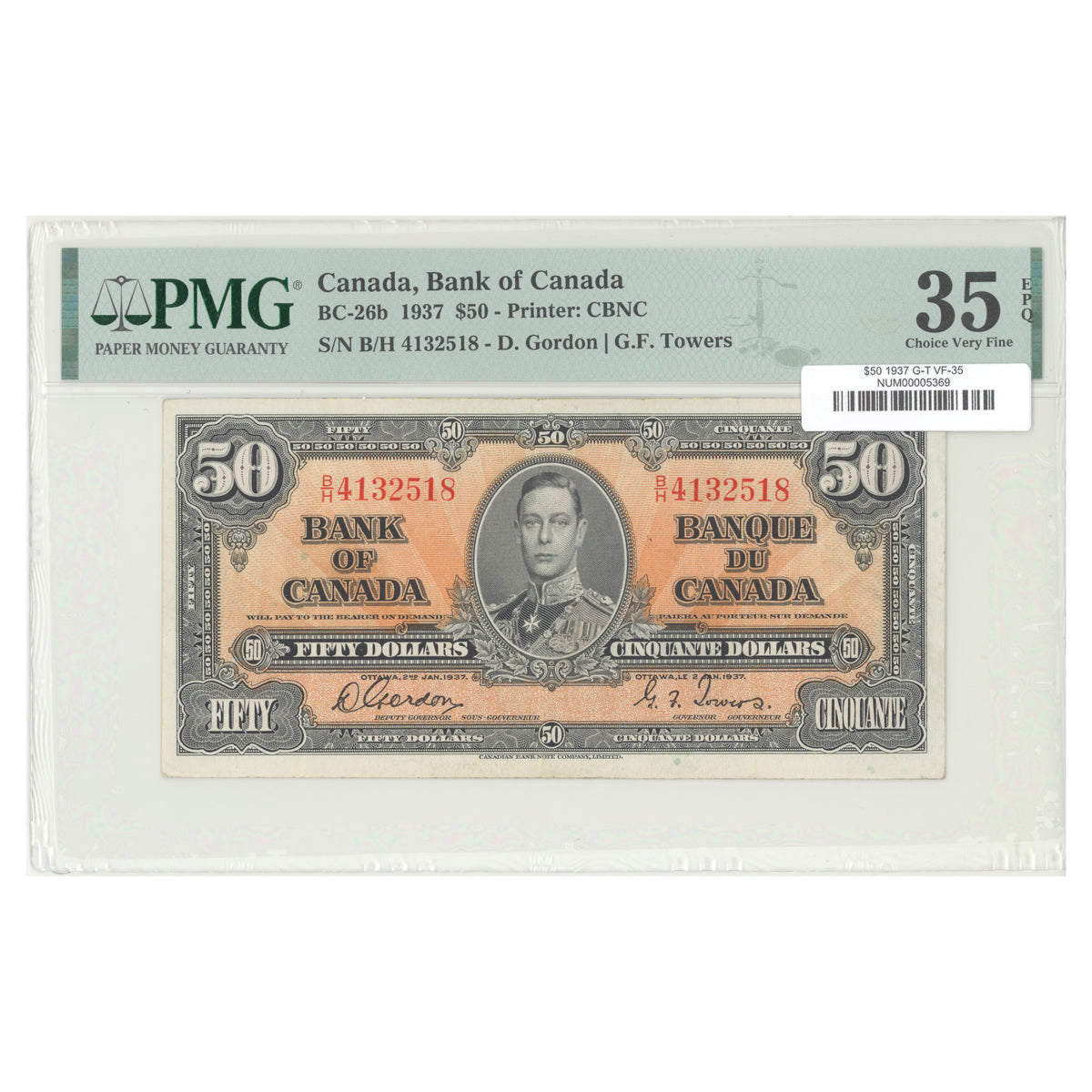 $50 1937 BC-26b The Bank of Canada Gordon-Towers Prefix B/H PMG VF-35