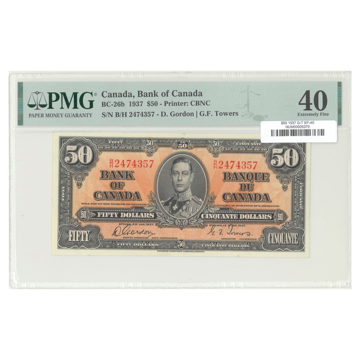 $50 1937 BC-26b The Bank of Canada Gordon-Towers Prefix B/H PMG EF-40