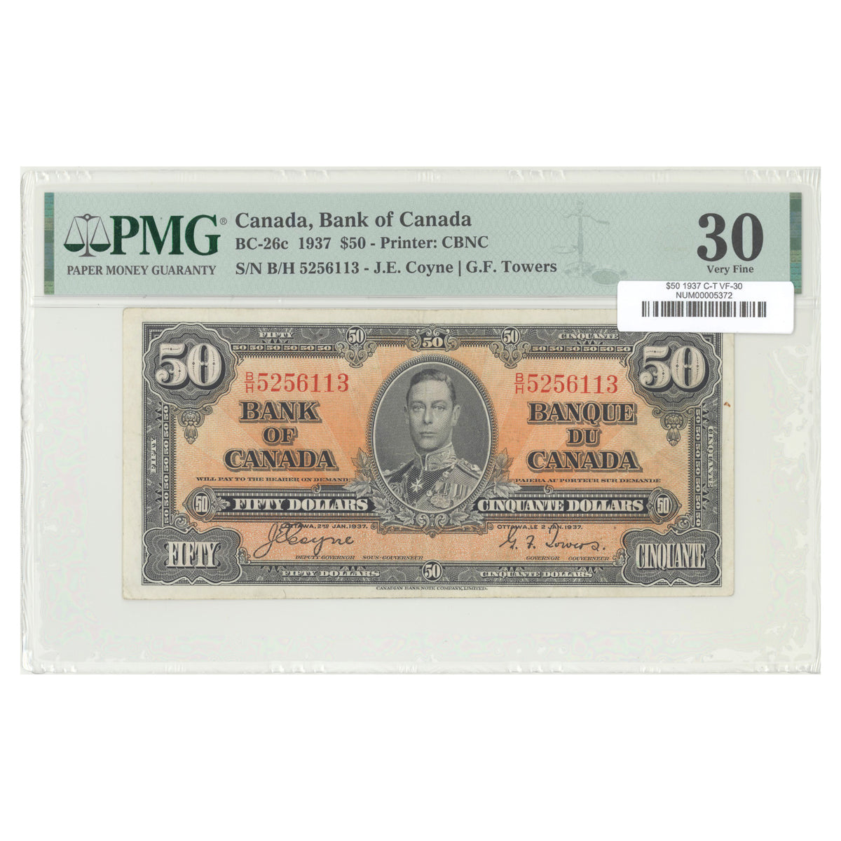 $50 1937 BC-26c The Bank of Canada Coyne-Towers Prefix B/H PMG VF-30