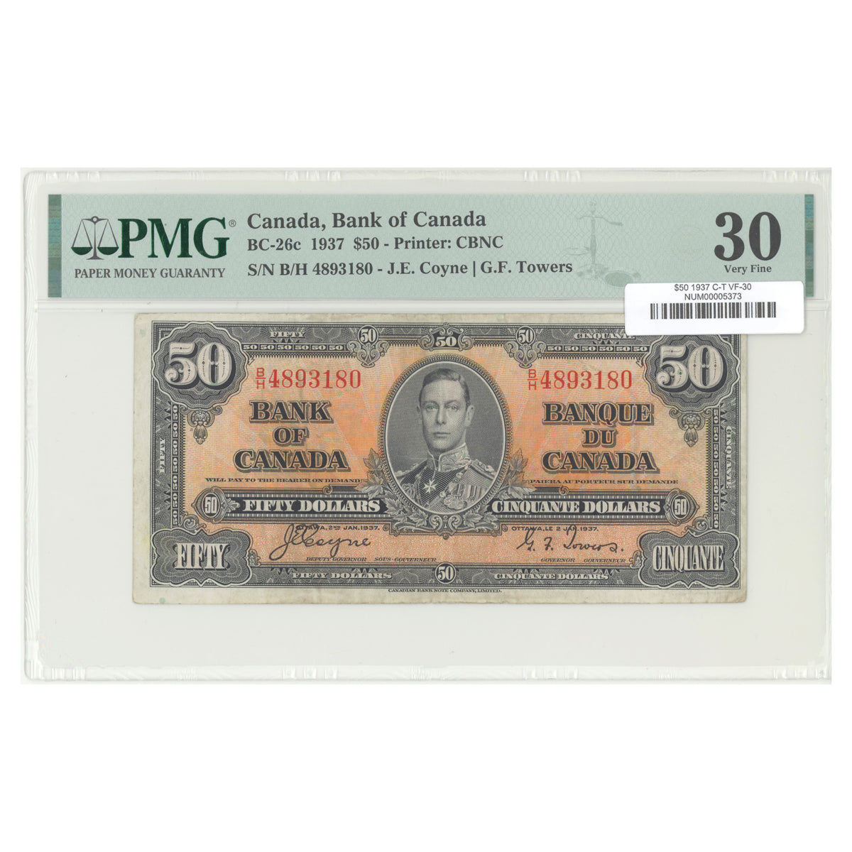 $50 1937 BC-26c The Bank of Canada Coyne-Towers Prefix B/H PMG VF-30