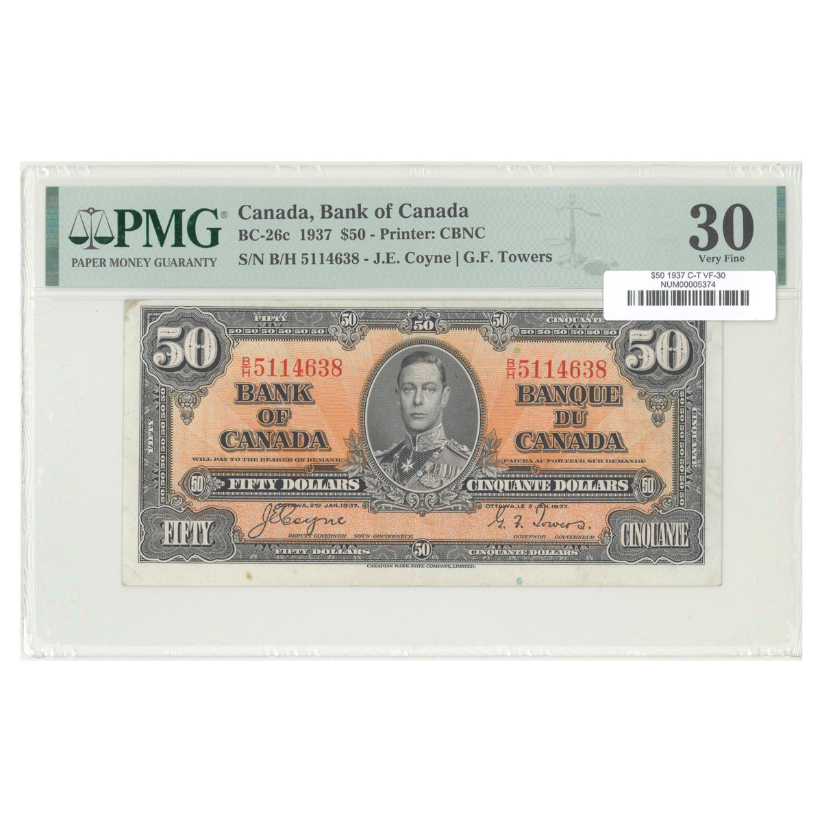 $50 1937 BC-26c The Bank of Canada Coyne-Towers Prefix B/H PMG VF-30