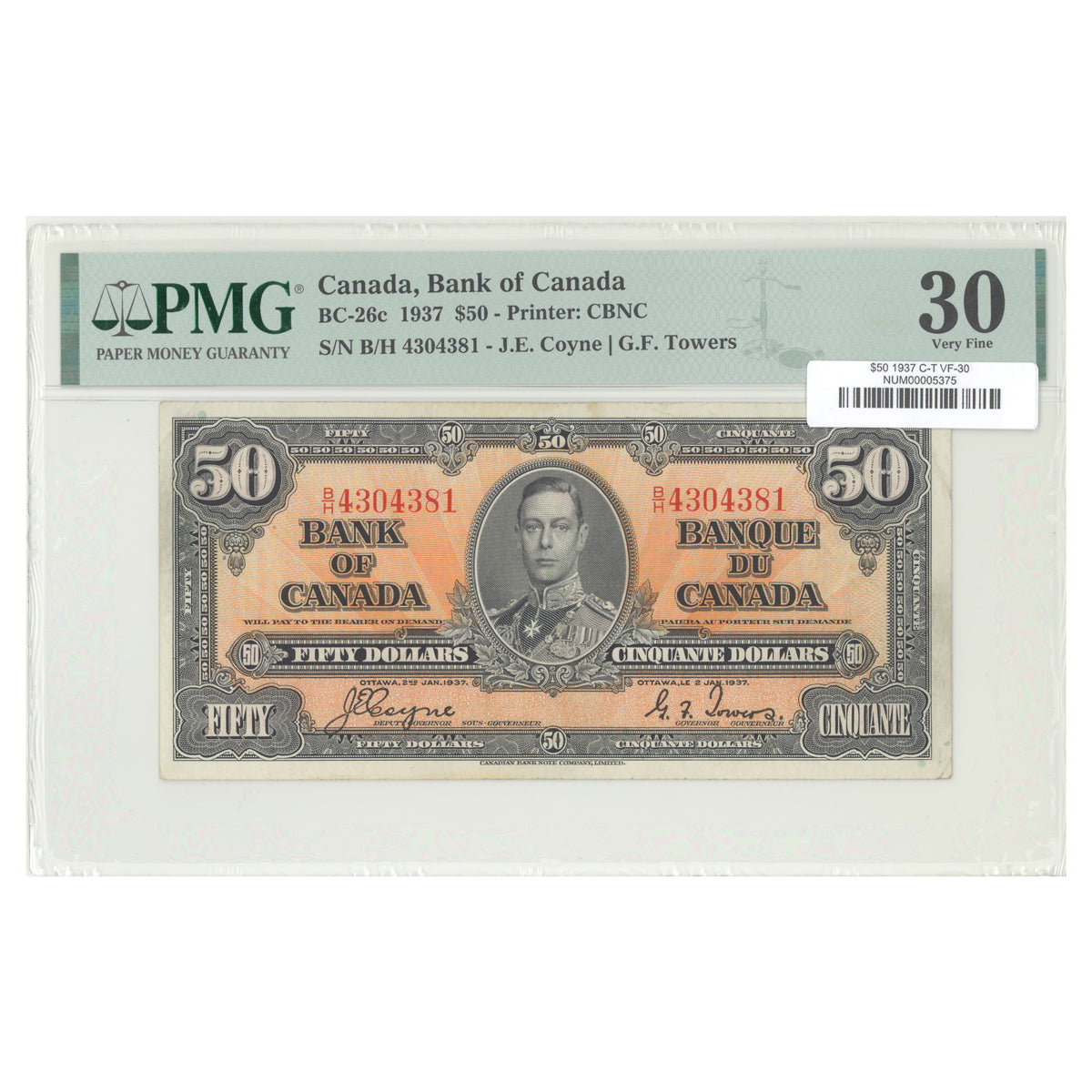 $50 1937 BC-26c The Bank of Canada Coyne-Towers Prefix B/H PMG VF-30