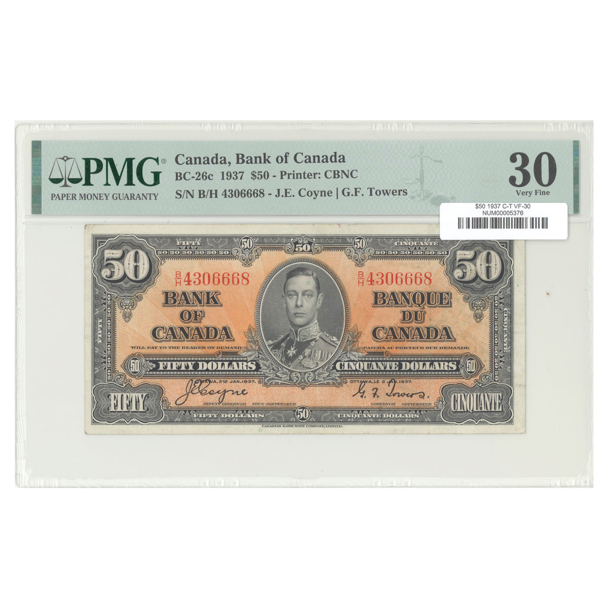 $50 1937 BC-26c The Bank of Canada Coyne-Towers Prefix B/H PMG VF-30