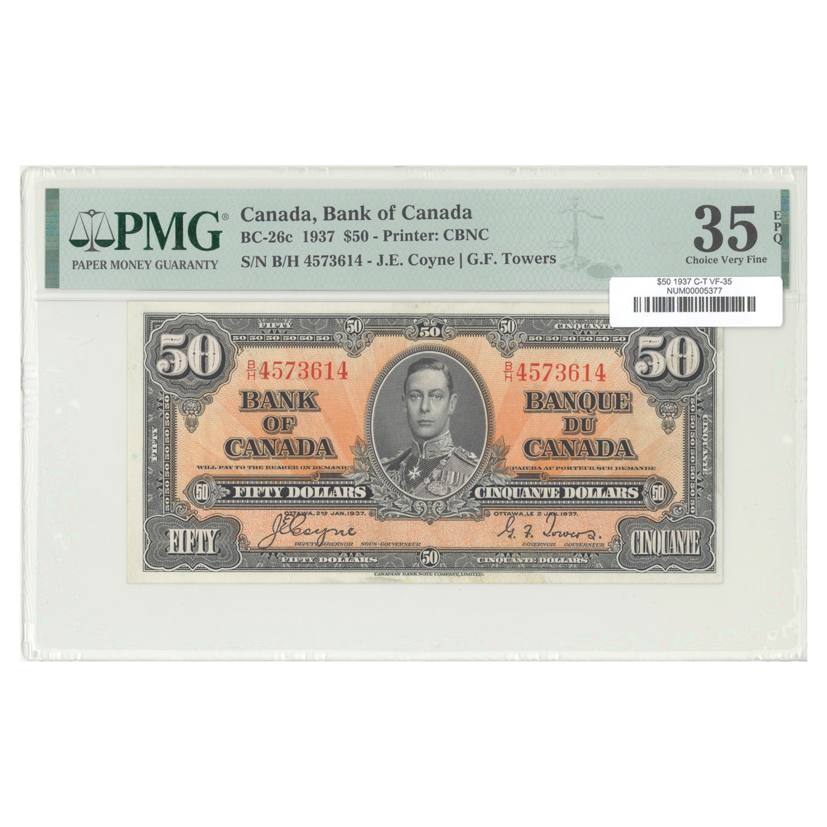 $50 1937 BC-26c The Bank of Canada Coyne-Towers Prefix B/H PMG VF-35