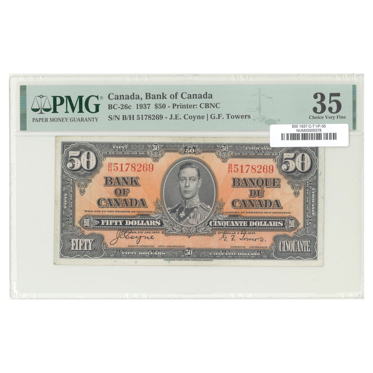 $50 1937 BC-26c The Bank of Canada Coyne-Towers Prefix B/H PMG VF-35