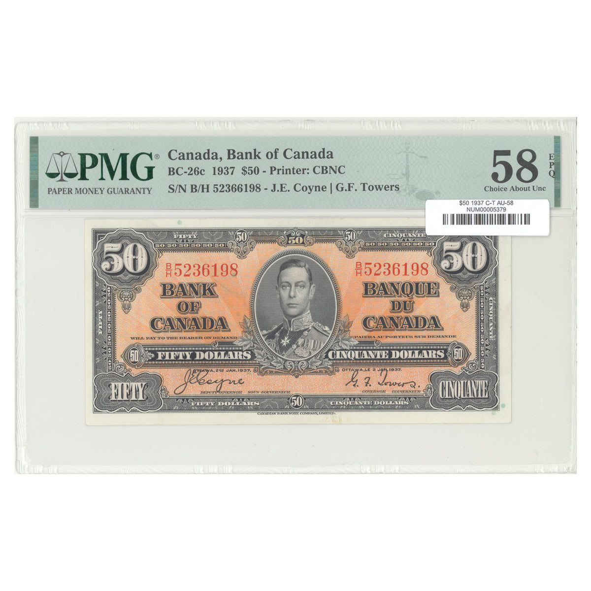 $50 1937 BC-26c The Bank of Canada Coyne-Towers Prefix B/H PMG AU-58