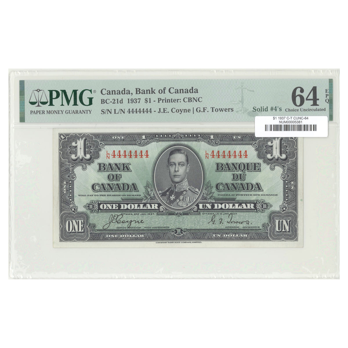 $1 1937 BC-21d The Bank of Canada Coyne-Towers Prefix L/N PMG CUNC-64