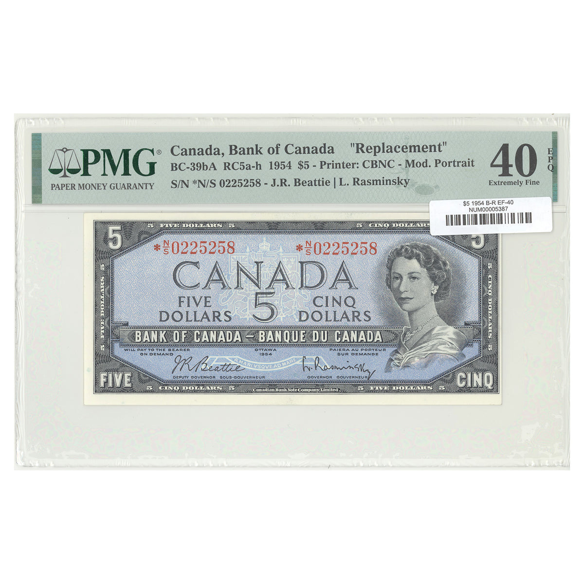 $5 1954 Modified Series BC-39bA Beattie-Rasminsky Prefix *N/S PMG EF-40