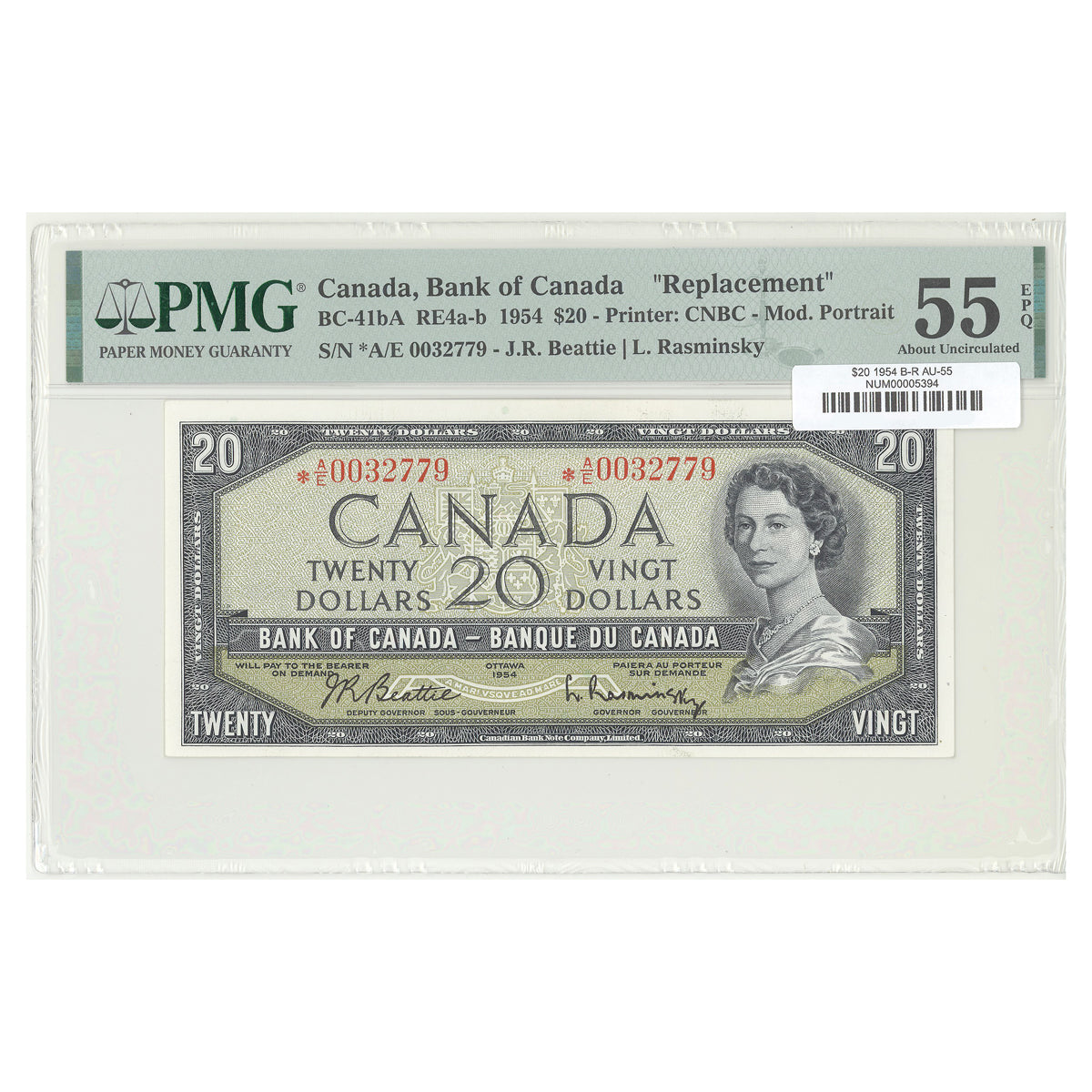 $20 1954 Modified Series BC-41bA Beattie-Rasminsky Prefix *A/E PMG AU-55