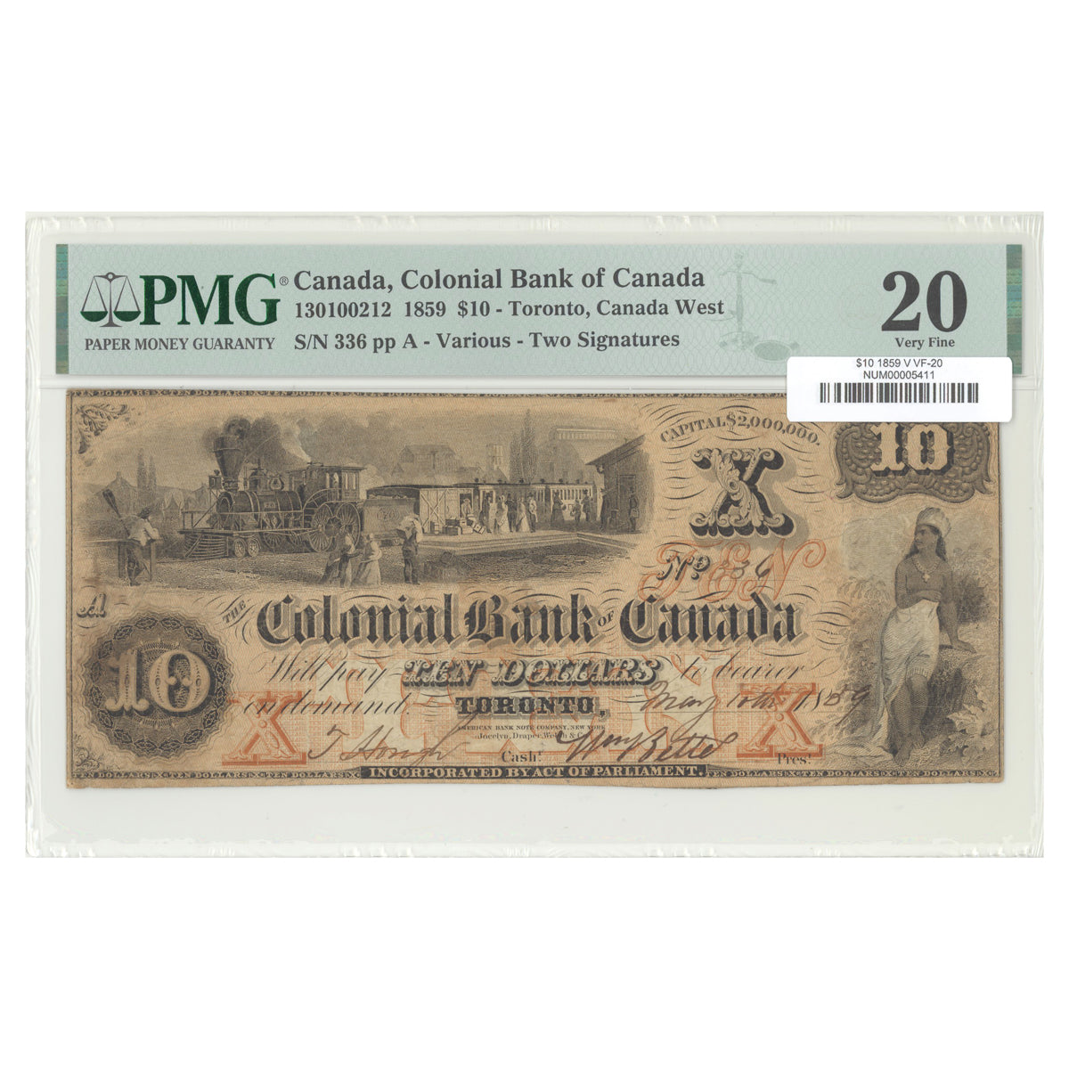 $10 1859 130100212 Colonial Bank of Canada PMG VF-20