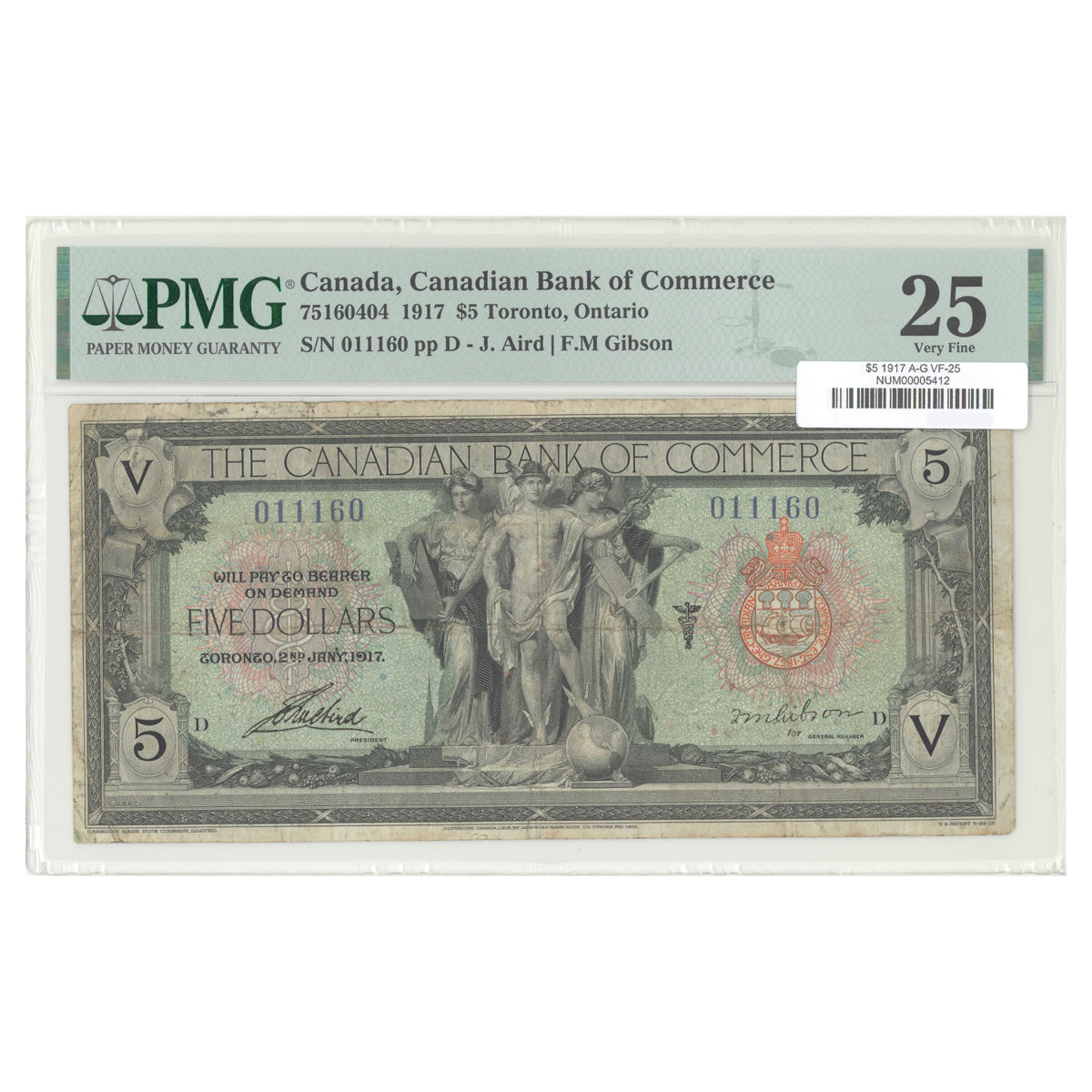 $5 1917 75160404 Canadian Bank of Commerce Aird-Gibson PMG VF-25