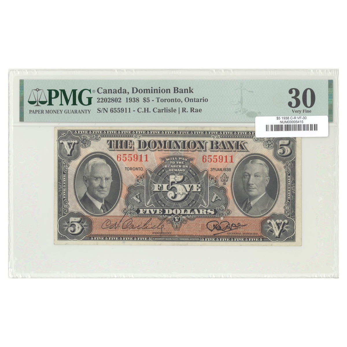 $5 1938 2202802 Dominion Bank Carlisle-Rae PMG VF-30