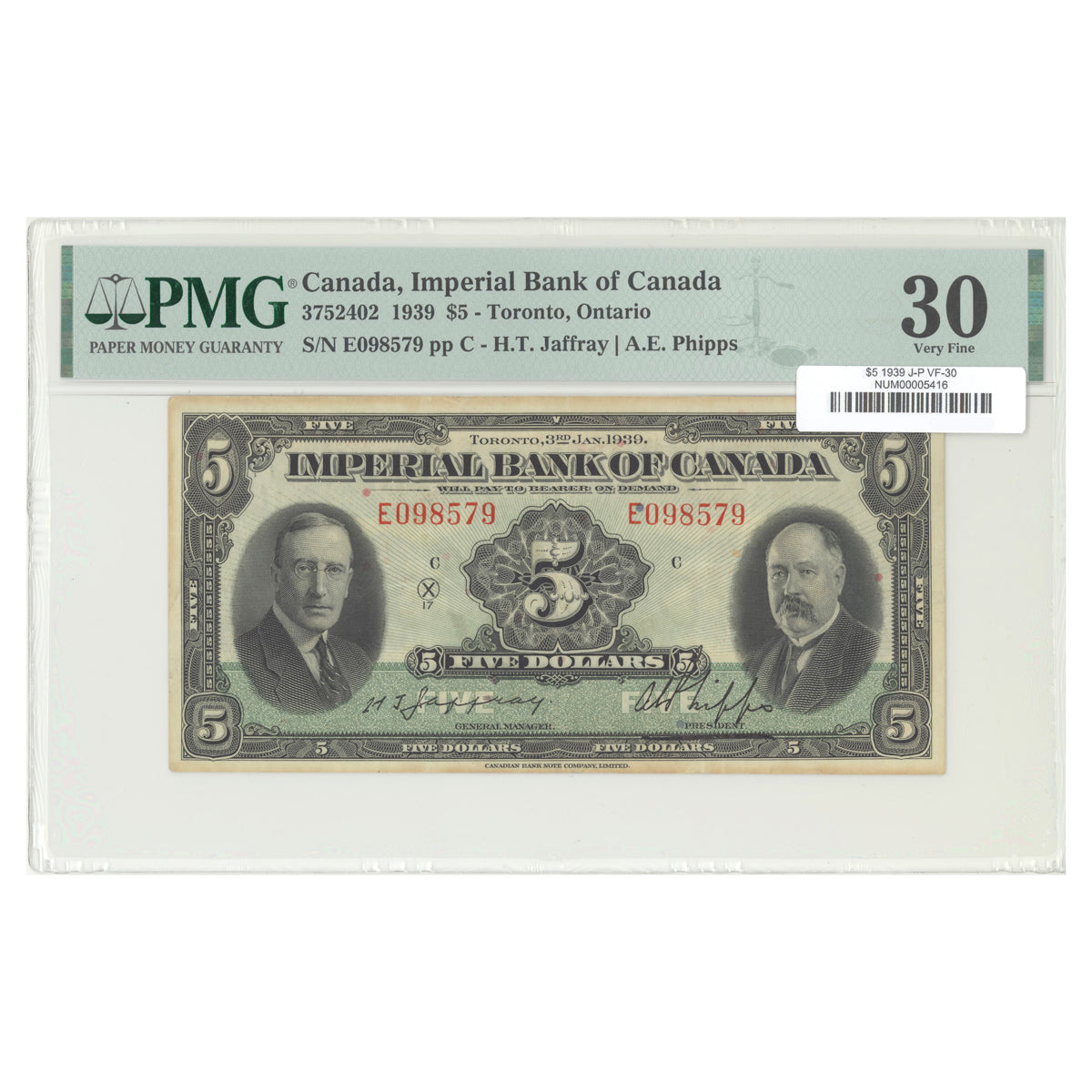 $5 1939 3752402 Imperial Bank of Canada Jaffray-Phipps Prefix E PMG VF-30