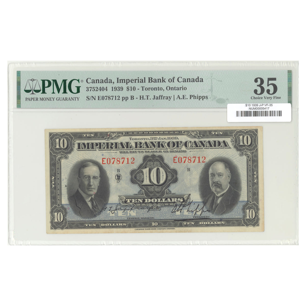 $10 1939 3752404 Imperial Bank of Canada Jaffray-Phipps Prefix E PMG VF-35