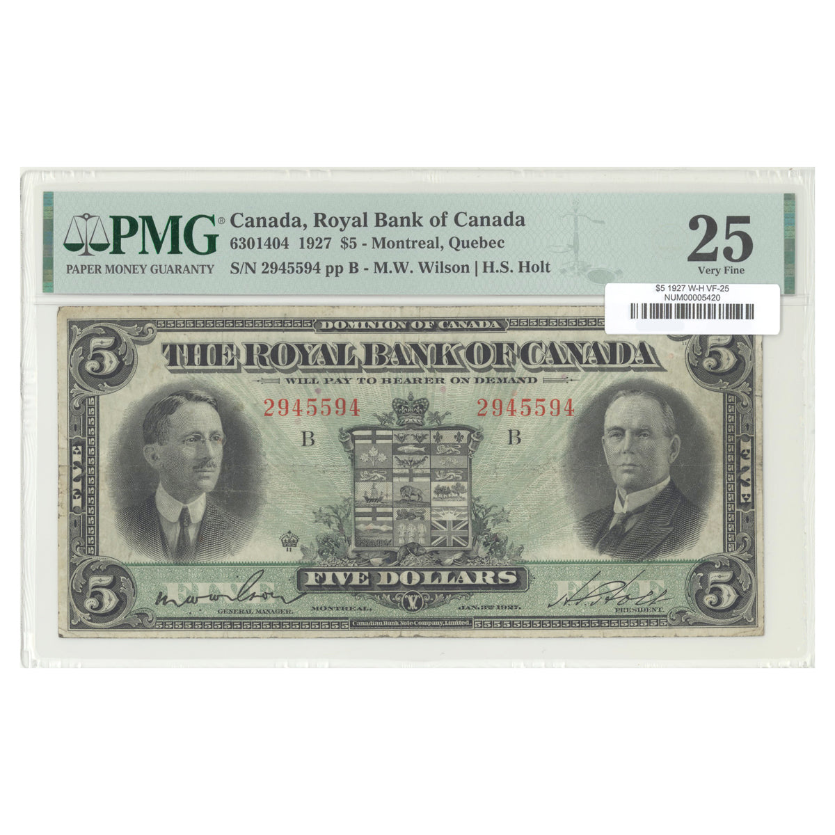 $5 1927 6301404 Royal Bank of Canada Wilson-Holt PMG VF-25