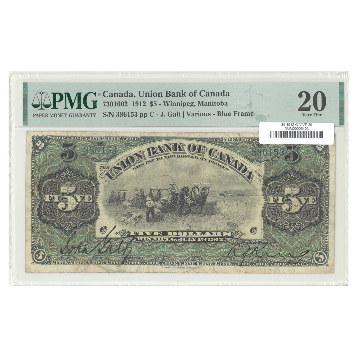 $5 1912 7301602 Union Bank of Canada Galt-Various PMG VF-20