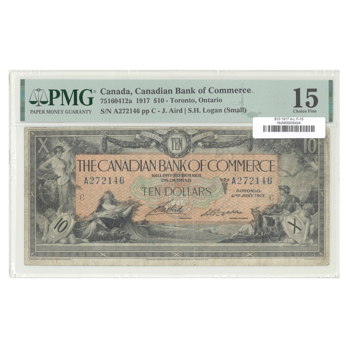 $10 1917 75160412a Canadian Bank of Commerce Aird-Logan Prefix A PMG F-15