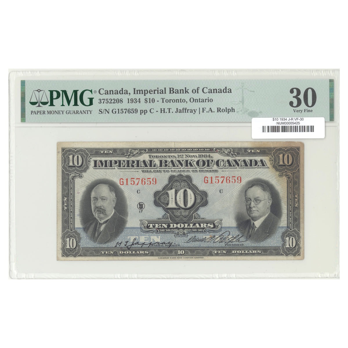 $10 1934 3752208 Imperial Bank of Canada Jaffray-Rolph Prefix G PMG VF-30