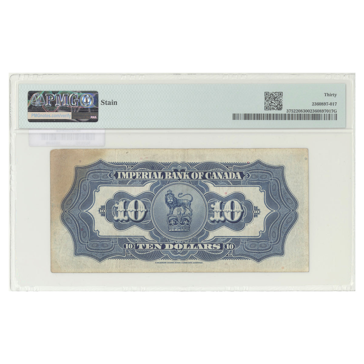 $10 1934 3752208 Imperial Bank of Canada Jaffray-Rolph Prefix G PMG VF-30