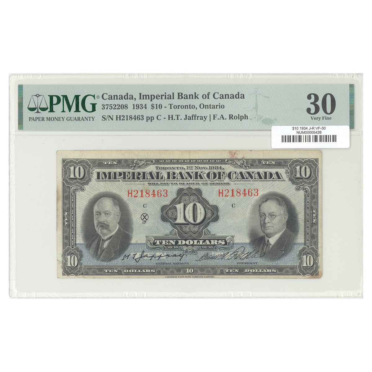 $10 1934 3752208 Imperial Bank of Canada Jaffray-Rolph Prefix H PMG VF-30