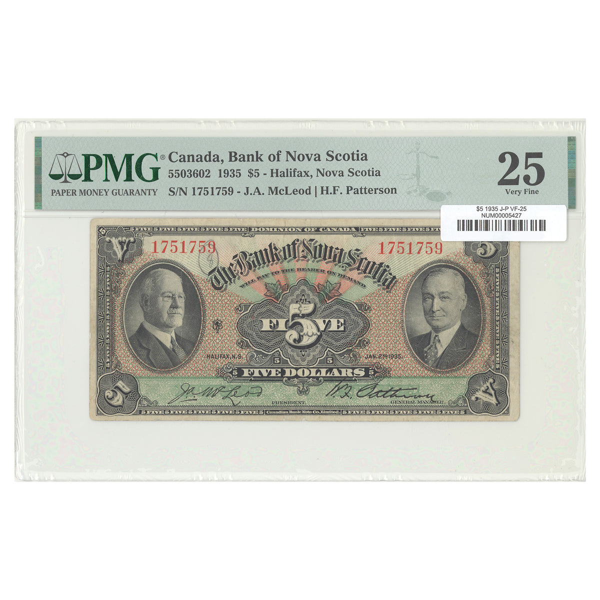 $5 1935 5503602 Bank of Nova Scotia AMaLeod-Patterson PMG VF-25