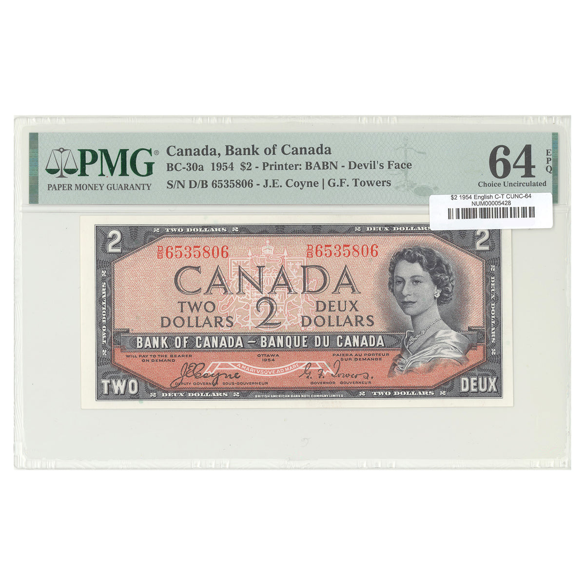 $2 1954 Devil's Face Series BC-30a English The Bank of Canada Coyne-Towers Prefix D/B PMG CUNC-64