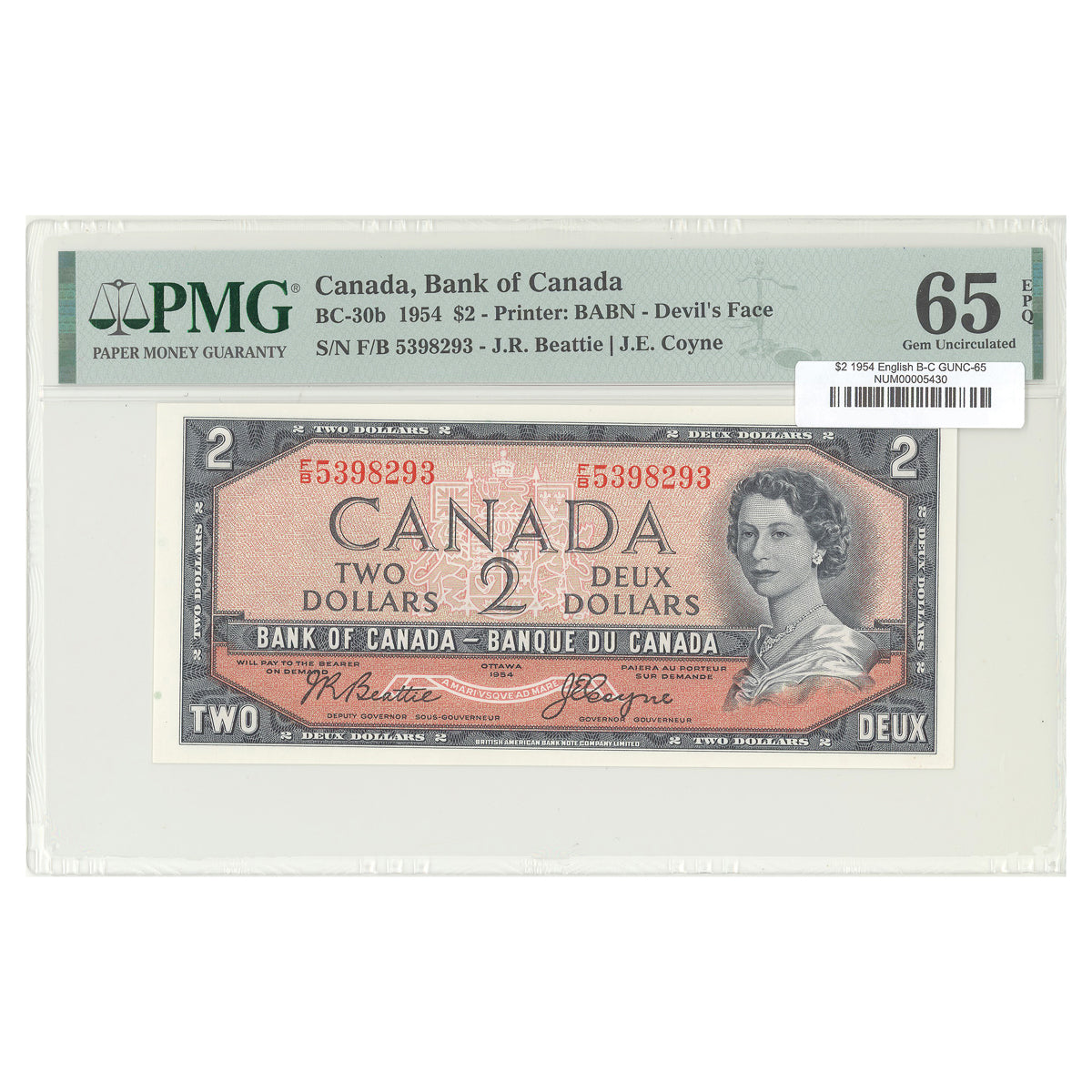 $2 1954 Devil's Face Series BC-30b English The Bank of Canada Beattie-Coyne Prefix F/B PMG GUNC-65