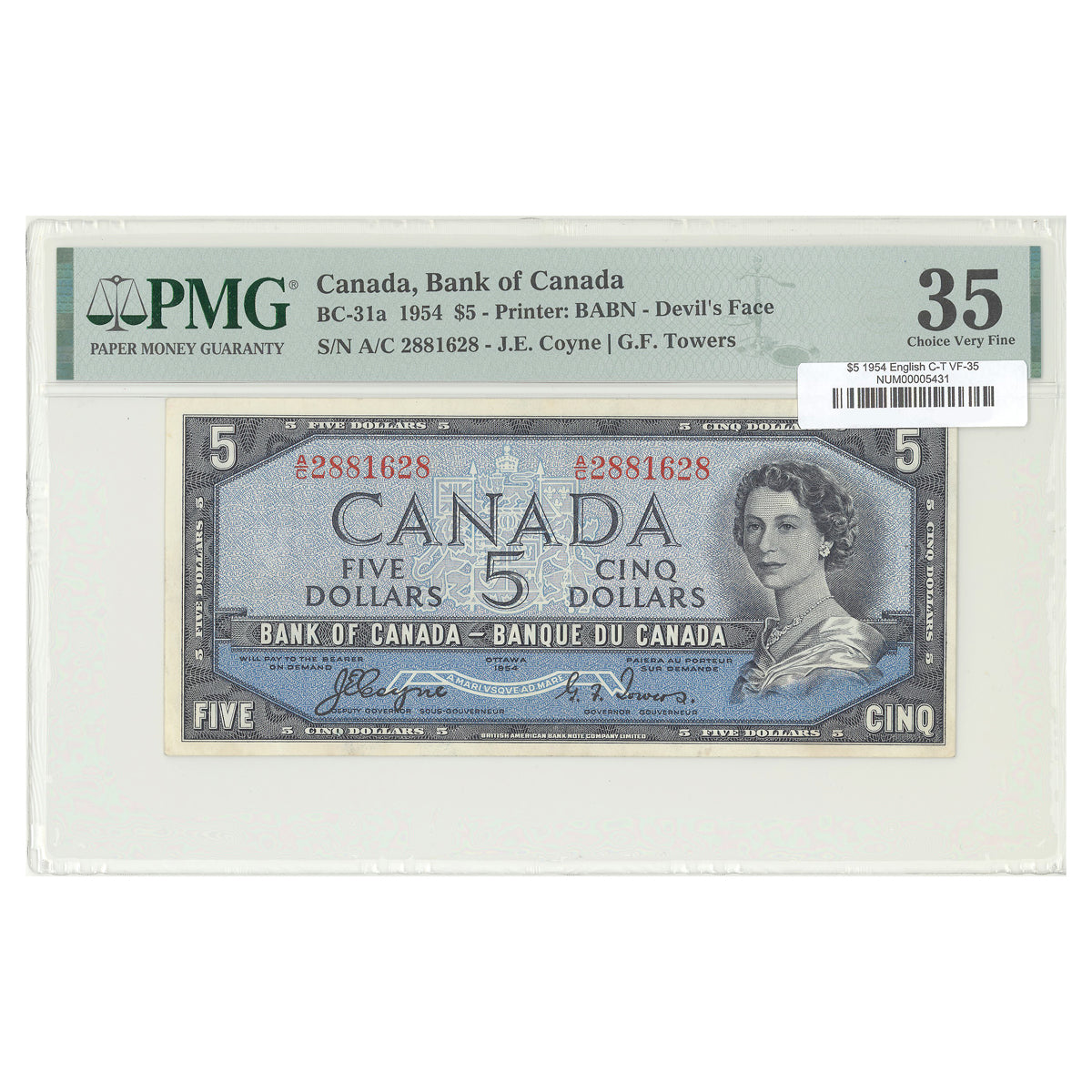 $5 1954 Devil's Face Series BC-31a English The Bank of Canada Coyne-Towers Prefix A/C PMG VF-35