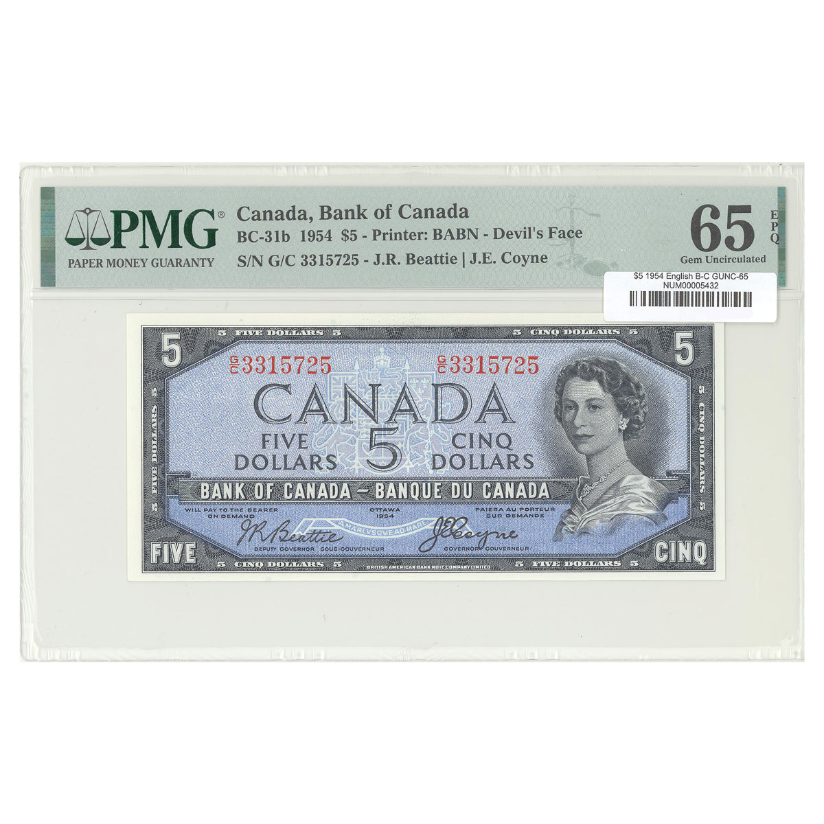 $5 1954 Devil's Face Series BC-31b English The Bank of Canada Beattie-Coyne Prefix G/C PMG GUNC-65