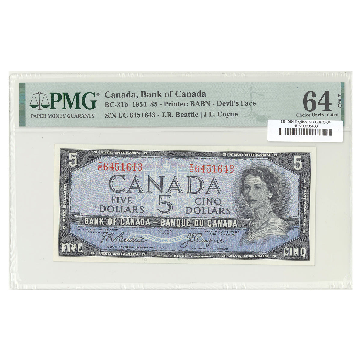 $5 1954 Devil's Face Series BC-31b English The Bank of Canada Beattie-Coyne Prefix I/C PMG CUNC-64