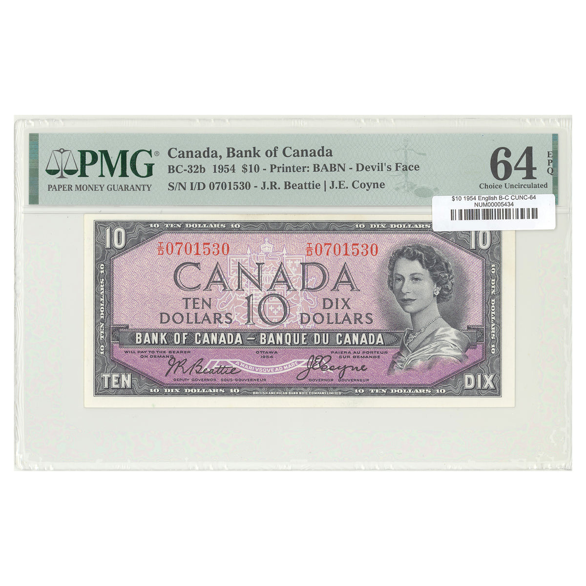 $10 1954 Devil's Face Series BC-32b English The Bank of Canada Beattie-Coyne Prefix I/D PMG CUNC-64