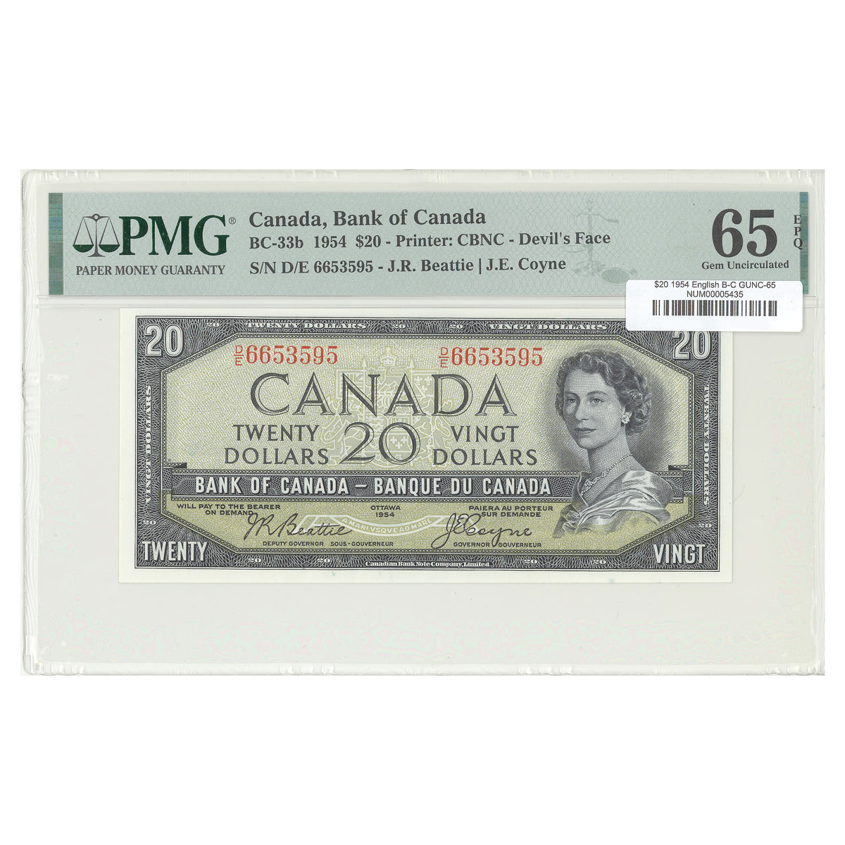 $20 1954 Devil's Face Series BC-33b English The Bank of Canada Beattie-Coyne Prefix D/E PMG GUNC-65