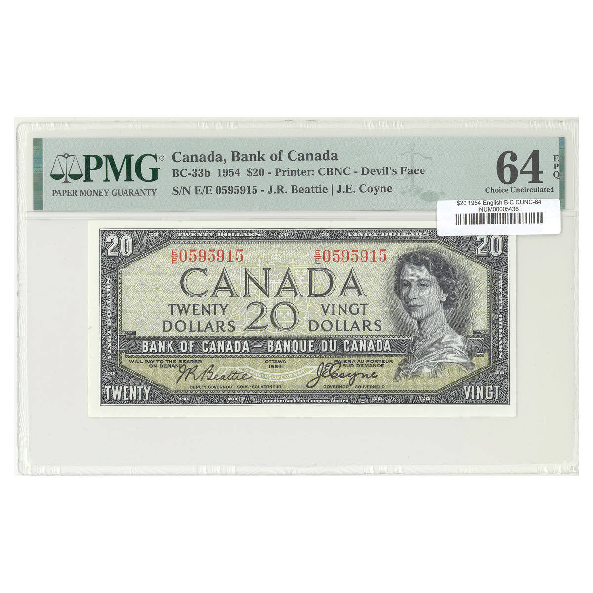 $20 1954 Devil's Face Series BC-33b English The Bank of Canada Beattie-Coyne Prefix E/E PMG CUNC-64