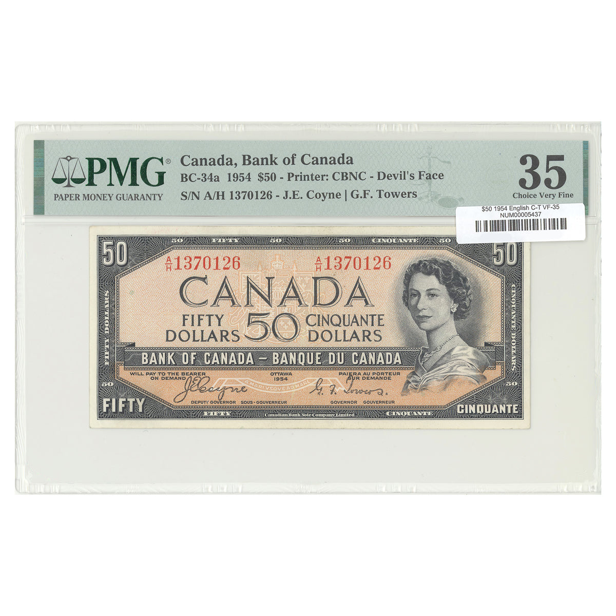 $50 1954 Devil's Face Series BC-34a English The Bank of Canada Coyne-Towers Prefix A/H PMG VF-35