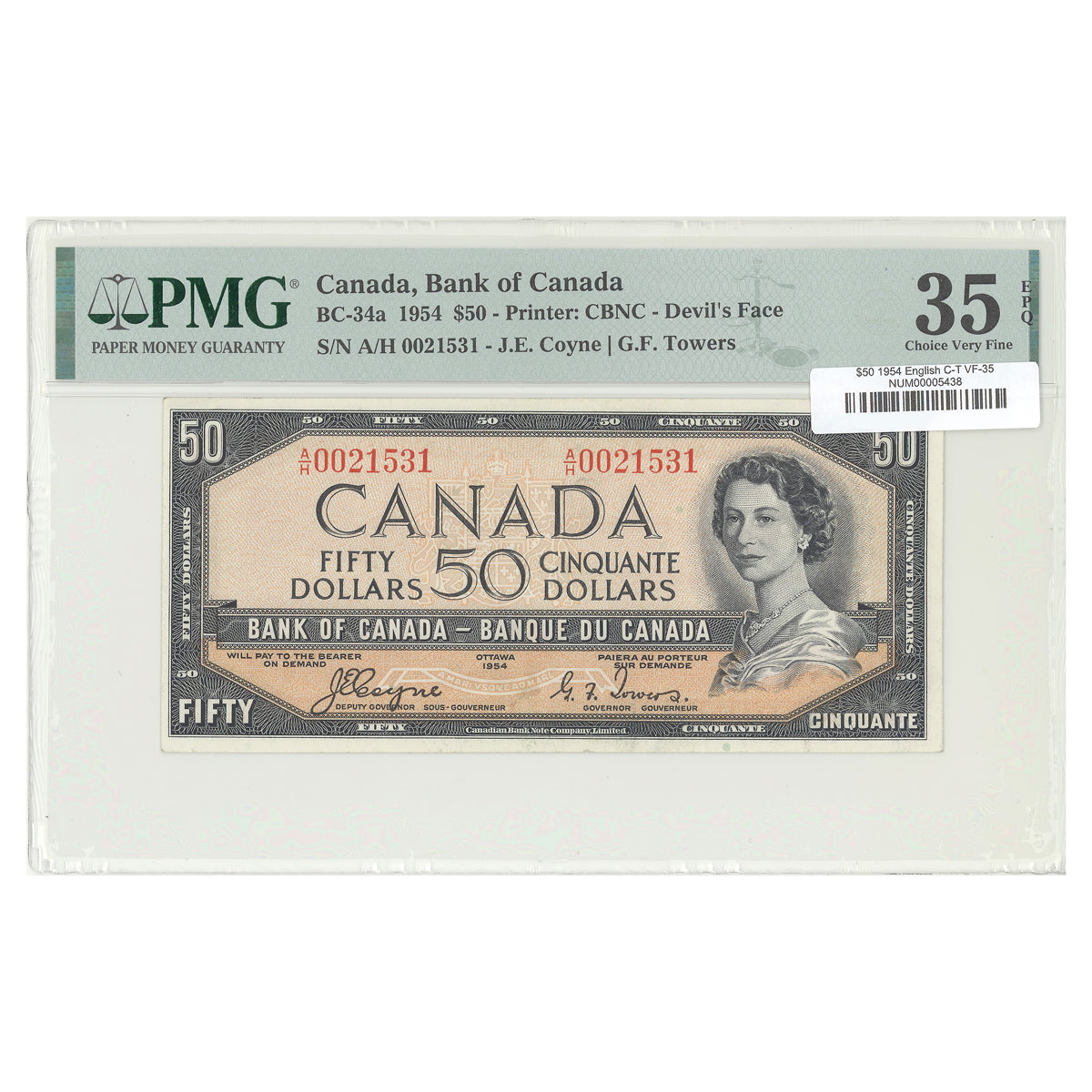 $50 1954 Devil's Face Series BC-34a English The Bank of Canada Coyne-Towers Prefix A/H PMG VF-35