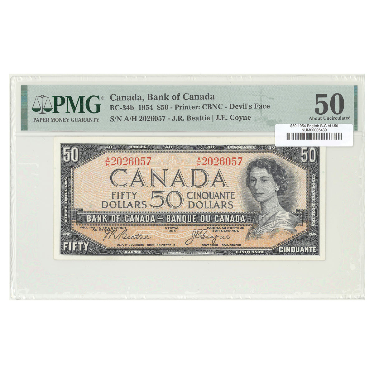 $50 1954 Devil's Face Series BC-34b English The Bank of Canada Beattie-Coyne Prefix A/H PMG AU-50