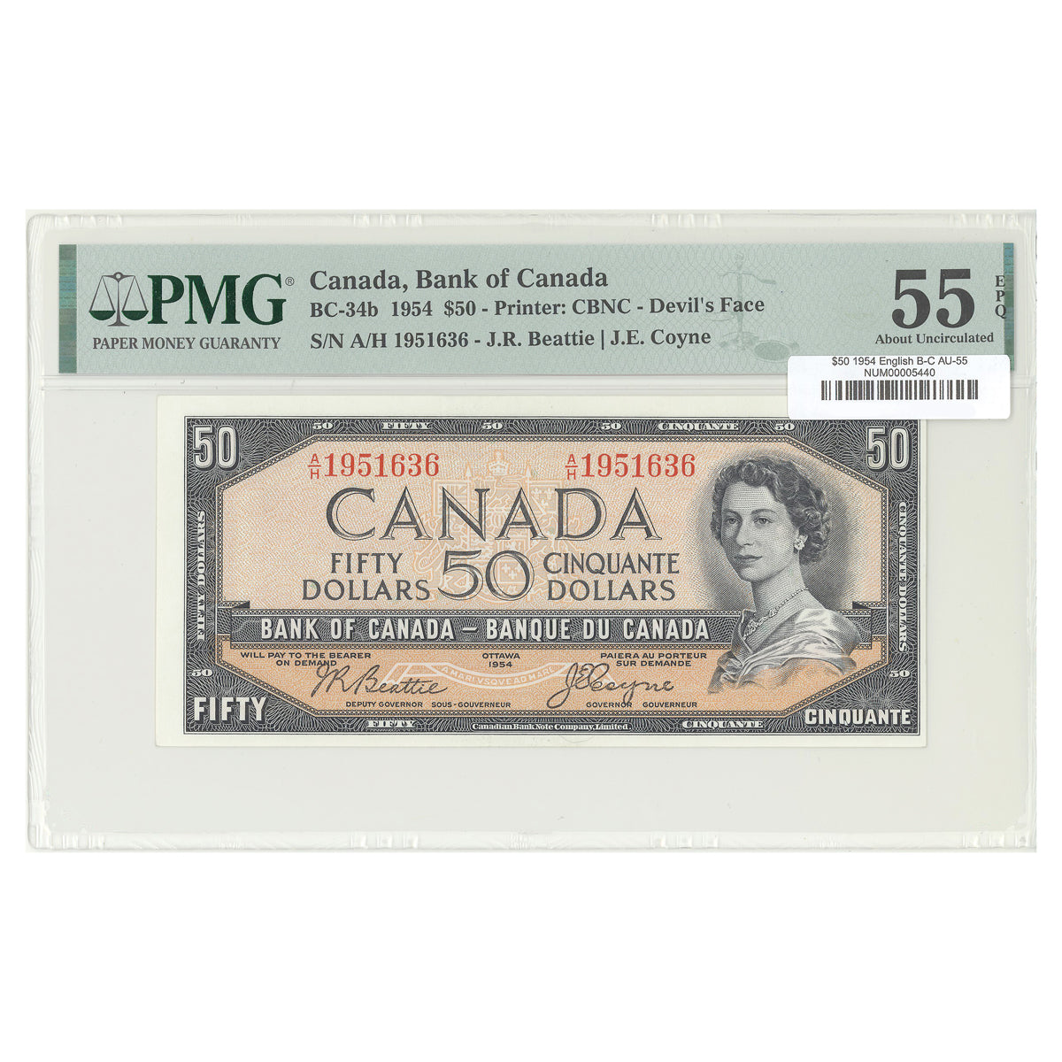 $50 1954 Devil's Face Series BC-34b English The Bank of Canada Beattie-Coyne Prefix A/H PMG AU-55