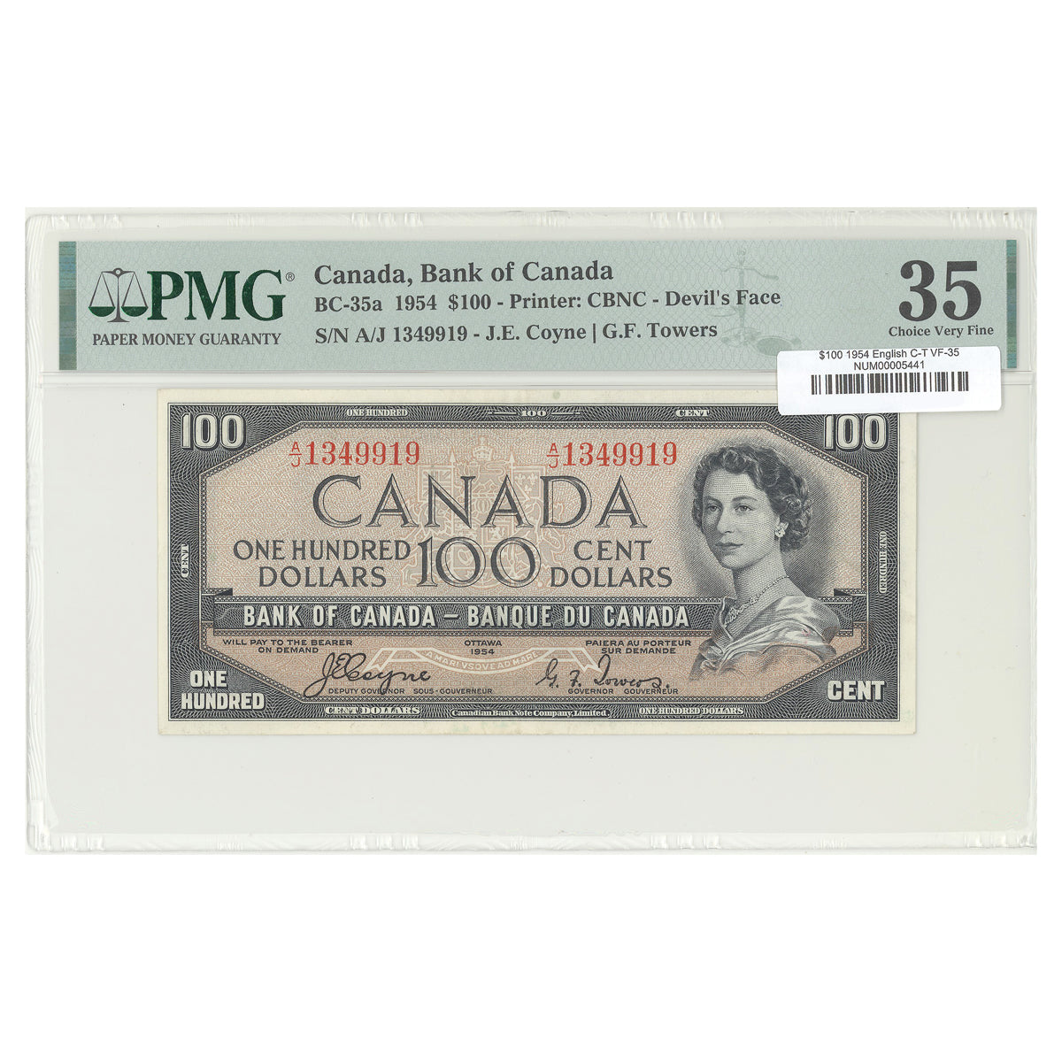 $100 1954 Devil's Face Series BC-35a English The Bank of Canada Coyne-Towers Prefix A/J PMG VF-35