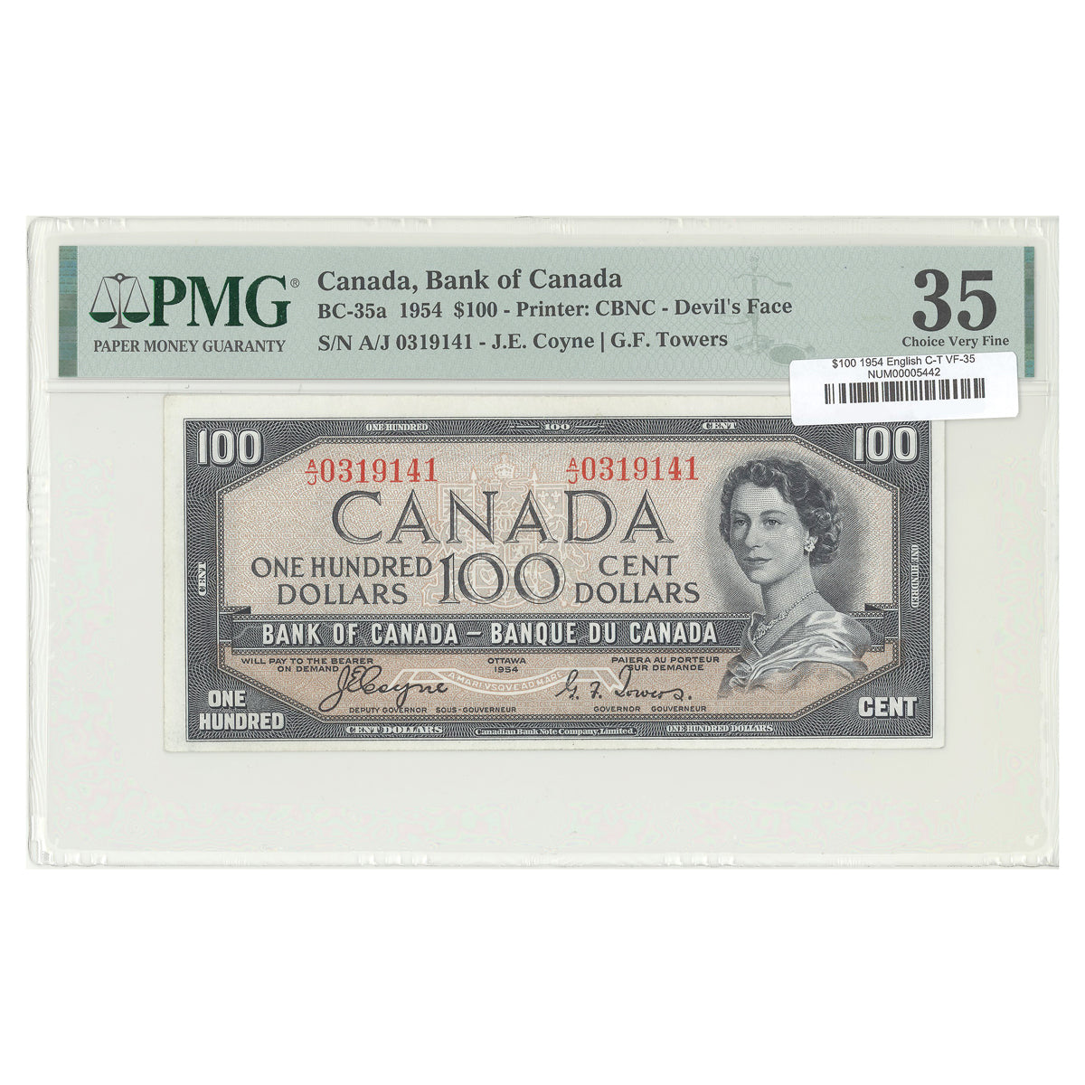 $100 1954 Devil's Face Series BC-35a English The Bank of Canada Coyne-Towers Prefix A/J PMG VF-35