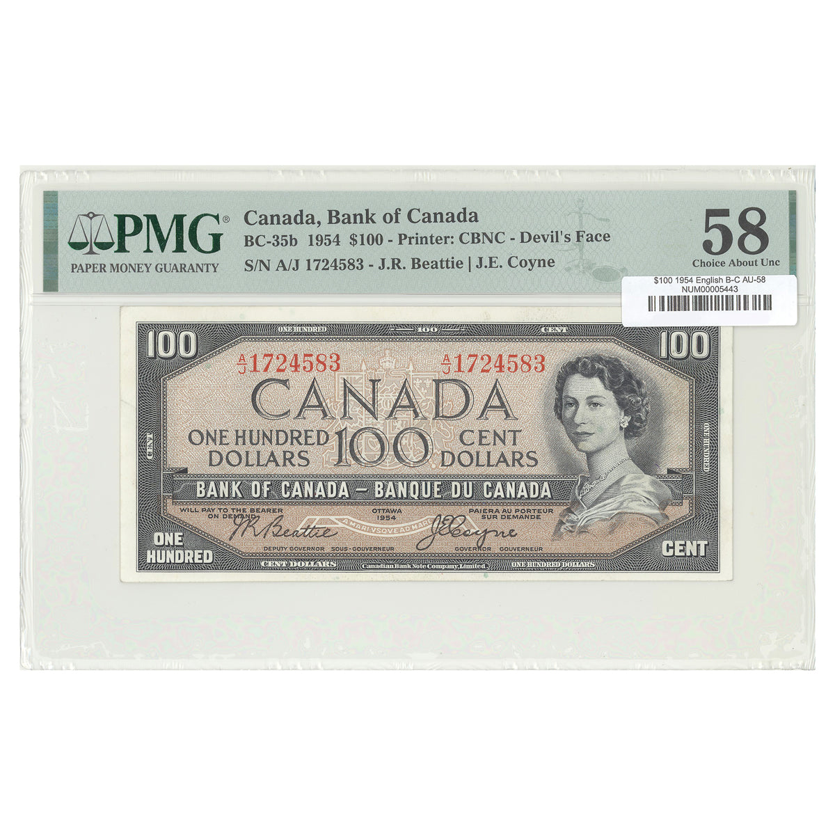 $100 1954 Devil's Face Series BC-35b English The Bank of Canada Beattie-Coyne Prefix A/J PMG AU-58