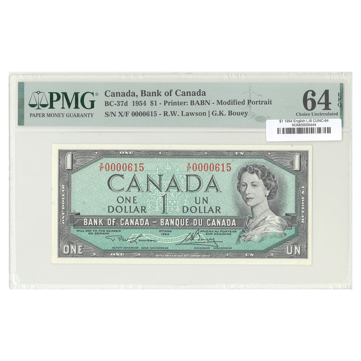 $1 1954 Modified Series BC-37d English The Bank of Canada Lawson-Bouey Prefix X/F PMG CUNC-64