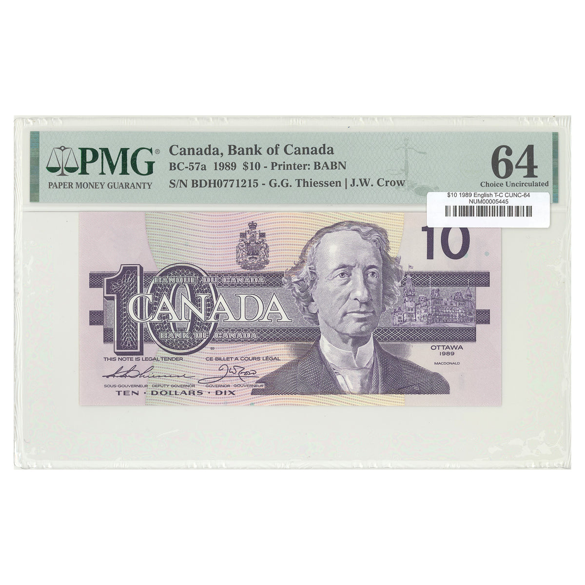 $10 1989 BC-57a English The Bank of Canada Thiessen-Crow Prefix BDH PMG CUNC-64