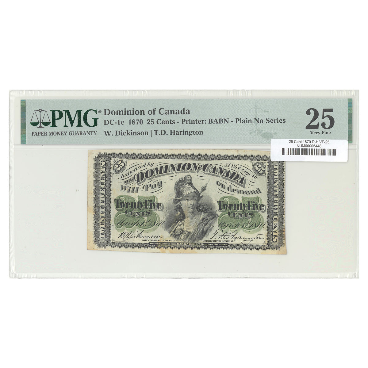 25 Cent 1870 DC-1c Dickinson-Harington PMG VF-25