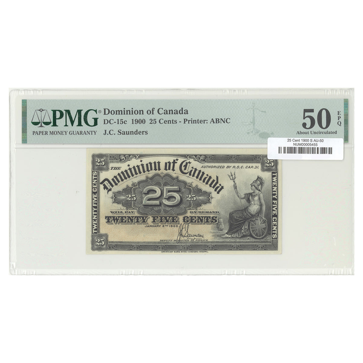 25 Cent 1900 DC-15c PMG AU-50