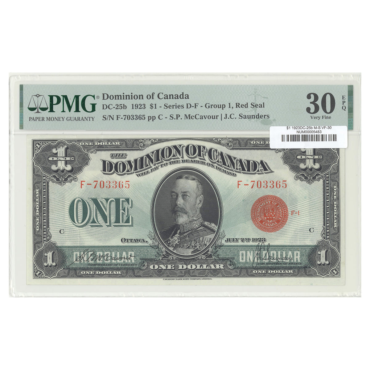 $1 1923 DC-25b McCavour-Saunders Prefix F PMG VF-30