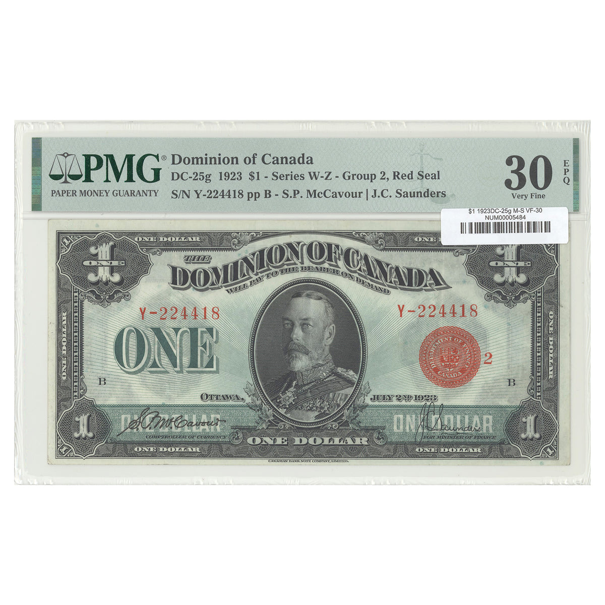 $1 1923 DC-25g McCavour-Saunders Prefix Y PMG VF-30