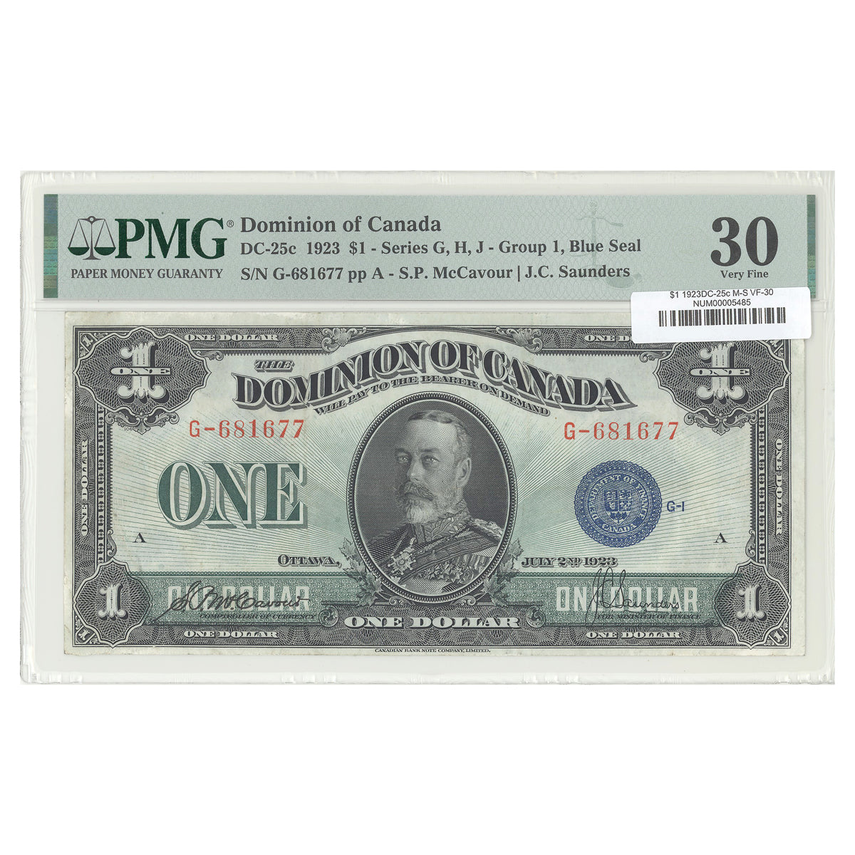 $1 1923 DC-25c McCavour-Saunders Prefix G PMG VF-30